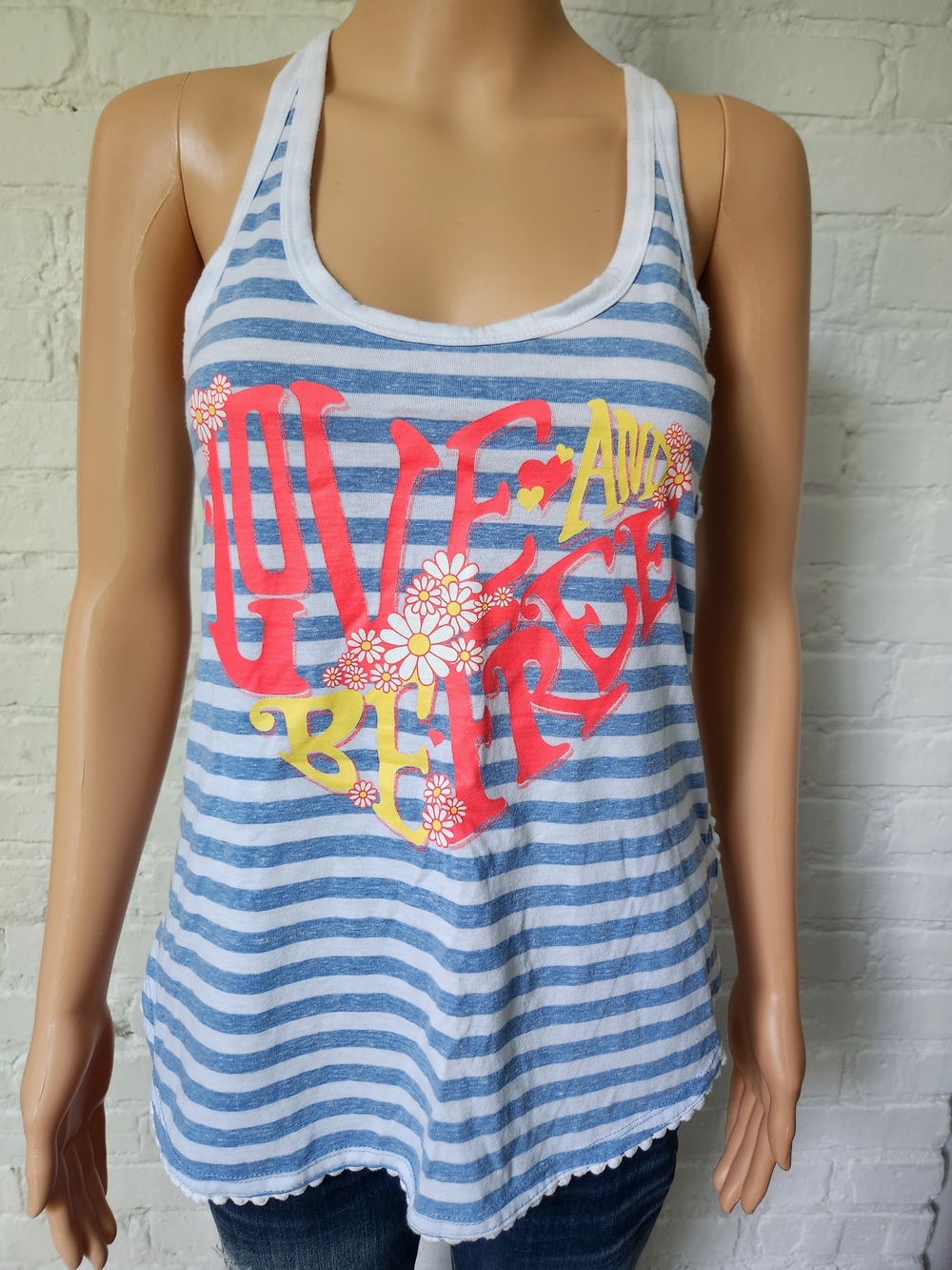 No Boundaries Blue & White Striped Racerback Tank with Coral and Yellow Graphic